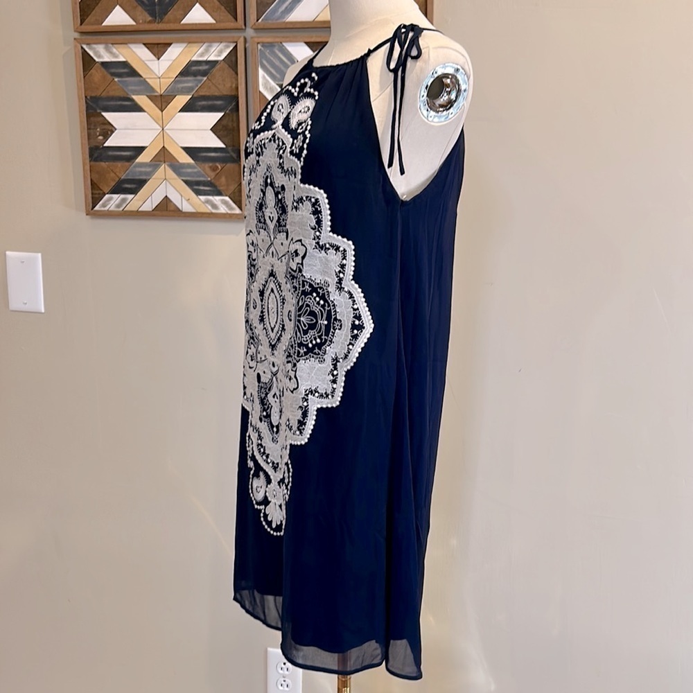 Aniina Anthropologie Navy Blue White Lace Halter Dress Small - Picture 3 of 6